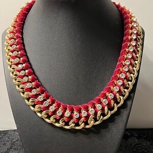 Elegant Red Gold Rhinestone Statement Chain Necklace